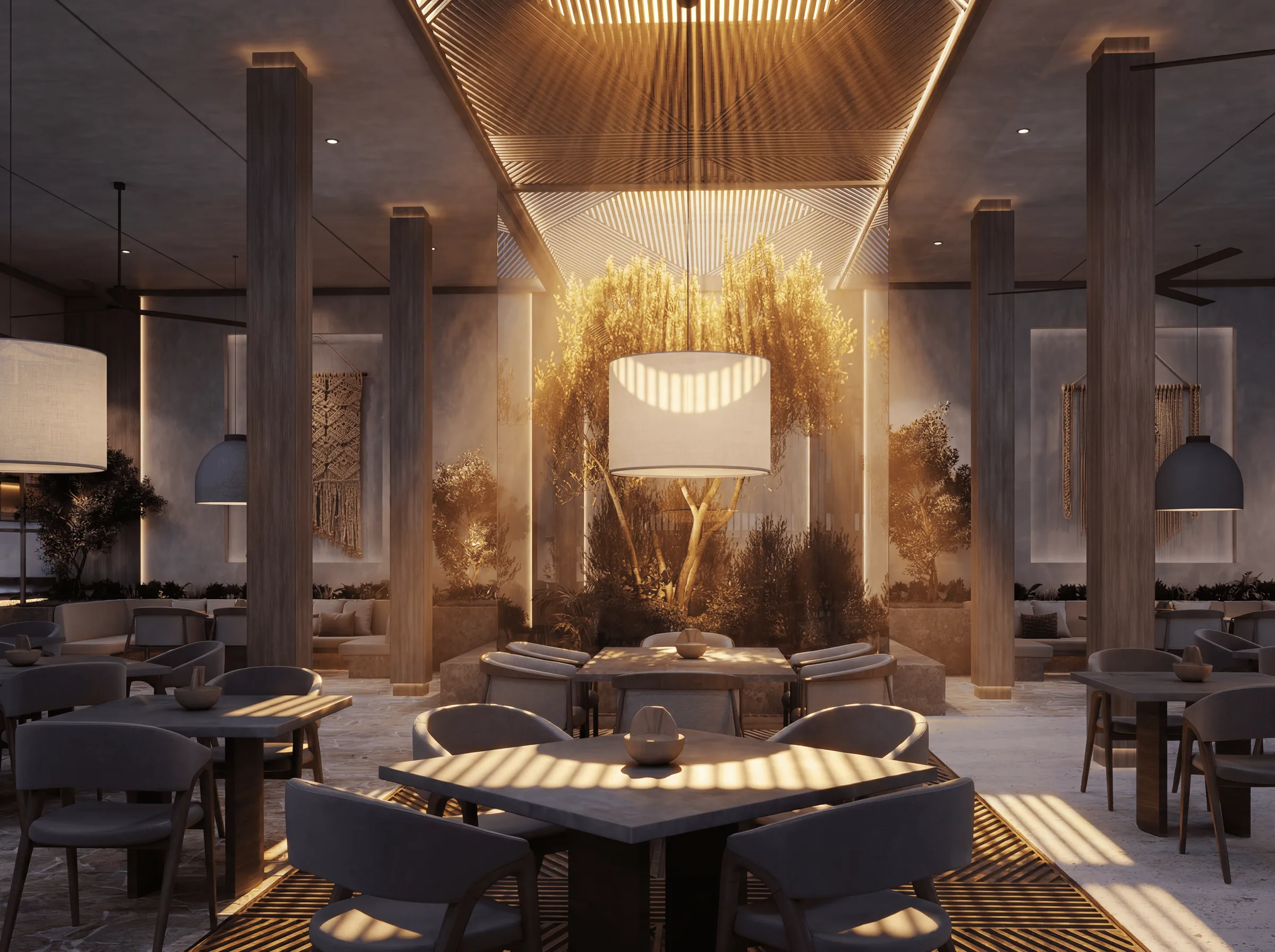 Restaurant interior with a timber ceiling and sculptural pendant lighting