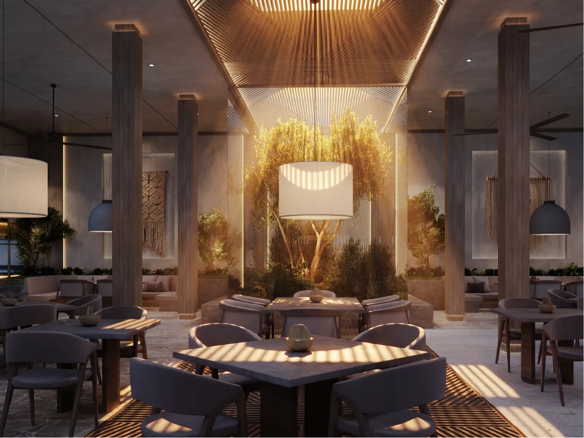 Dining room with a glowing feature wall and timber columns