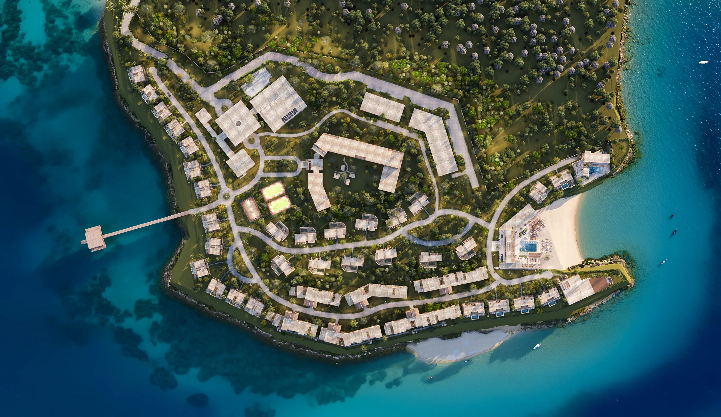 Top-view master plan rendering of a coastal resort and jetty